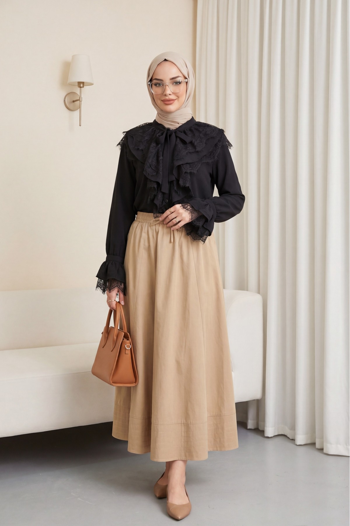 Cupra Ayrobin Shirt with Tie-Collar Guipure Lace and Ruffled Sleeves -Black