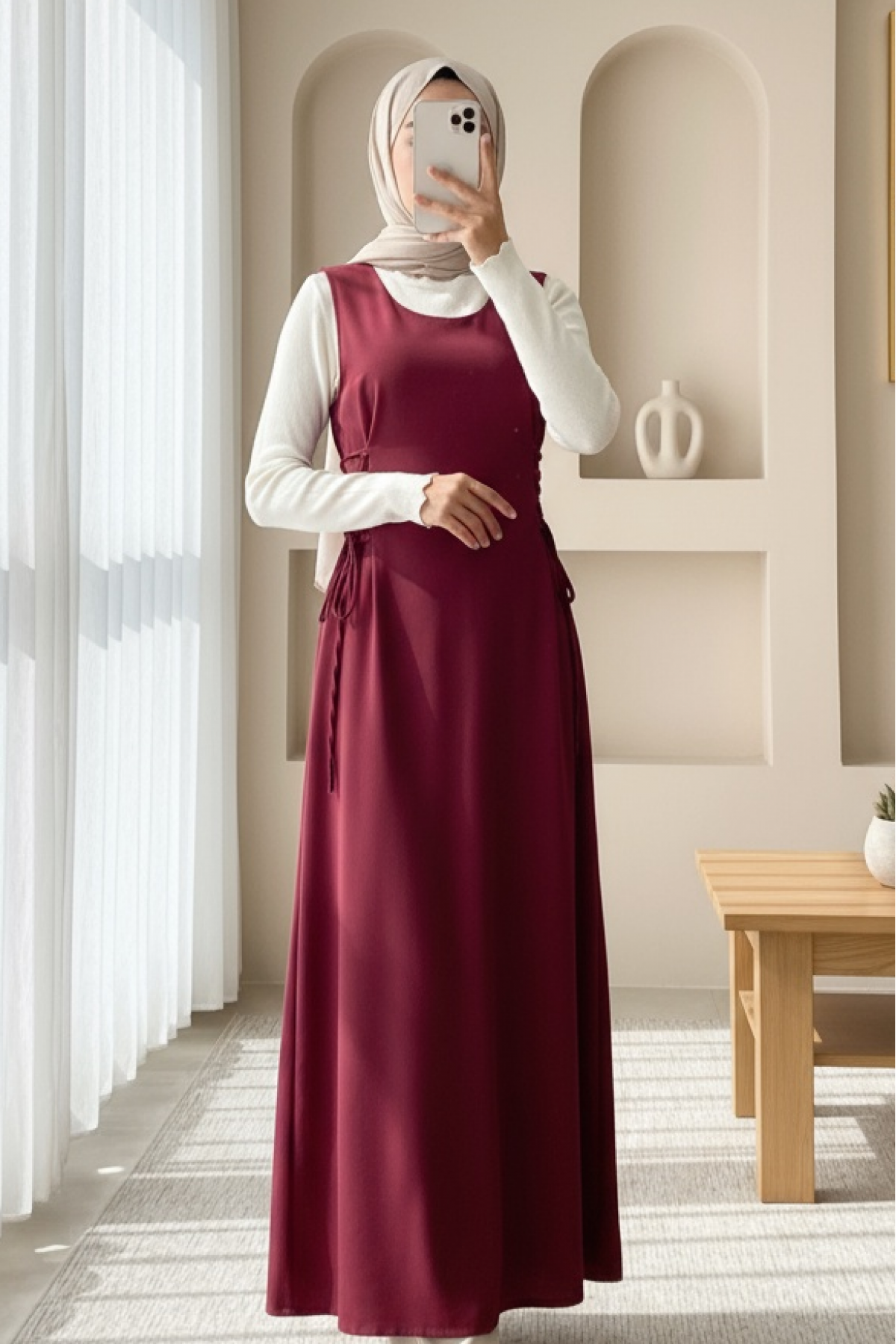 Side Tie Double Fabric Vest -Maroon