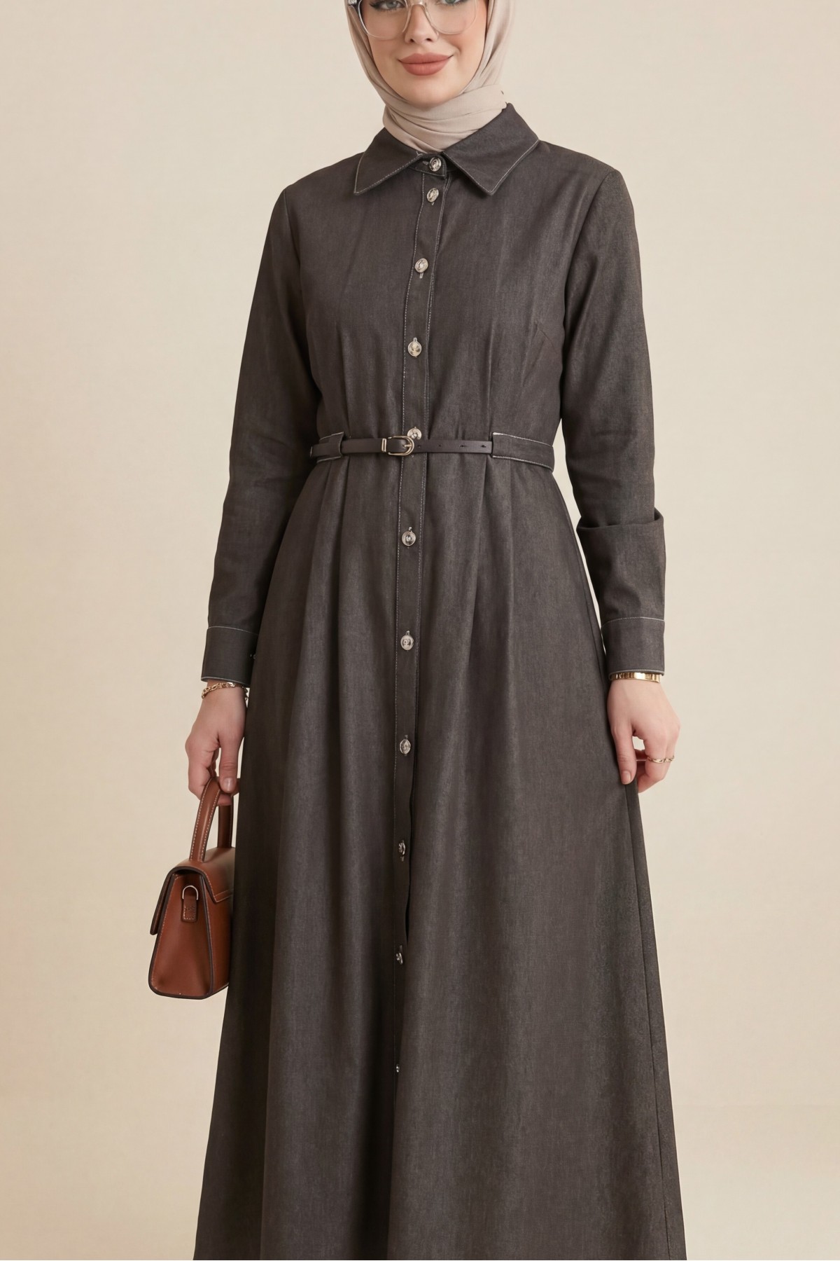 Front Buttoned Pleated Detail Tunnel Belt Denim Dress - Soil