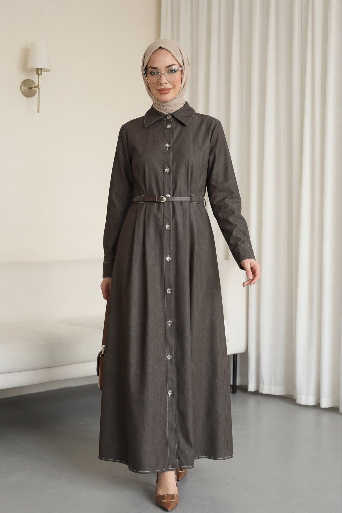 Front Buttoned Pleated Detail Tunnel Belt Denim Dress - Soil
