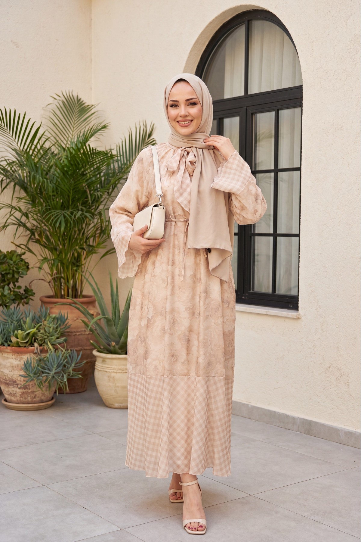 Patterned lined chiffon dress with tie-neck and waist -Light Mink