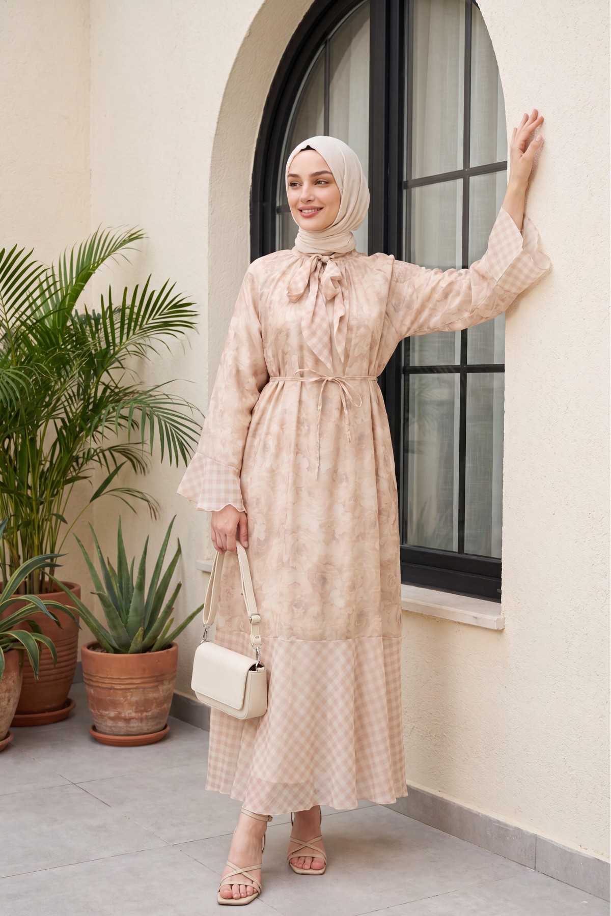 Patterned lined chiffon dress with tie-neck and waist -Light Mink