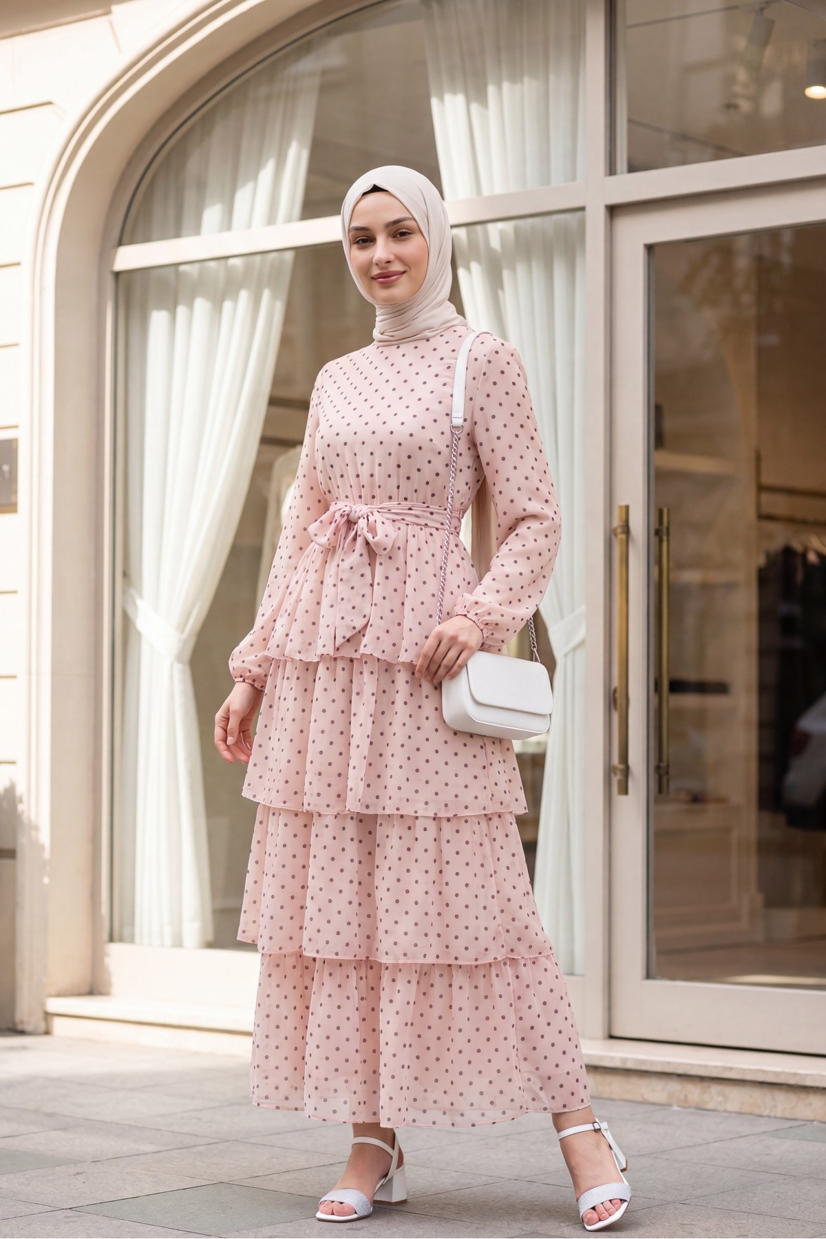 Layered Polka Dot Chiffon Dress with Cross -Powder