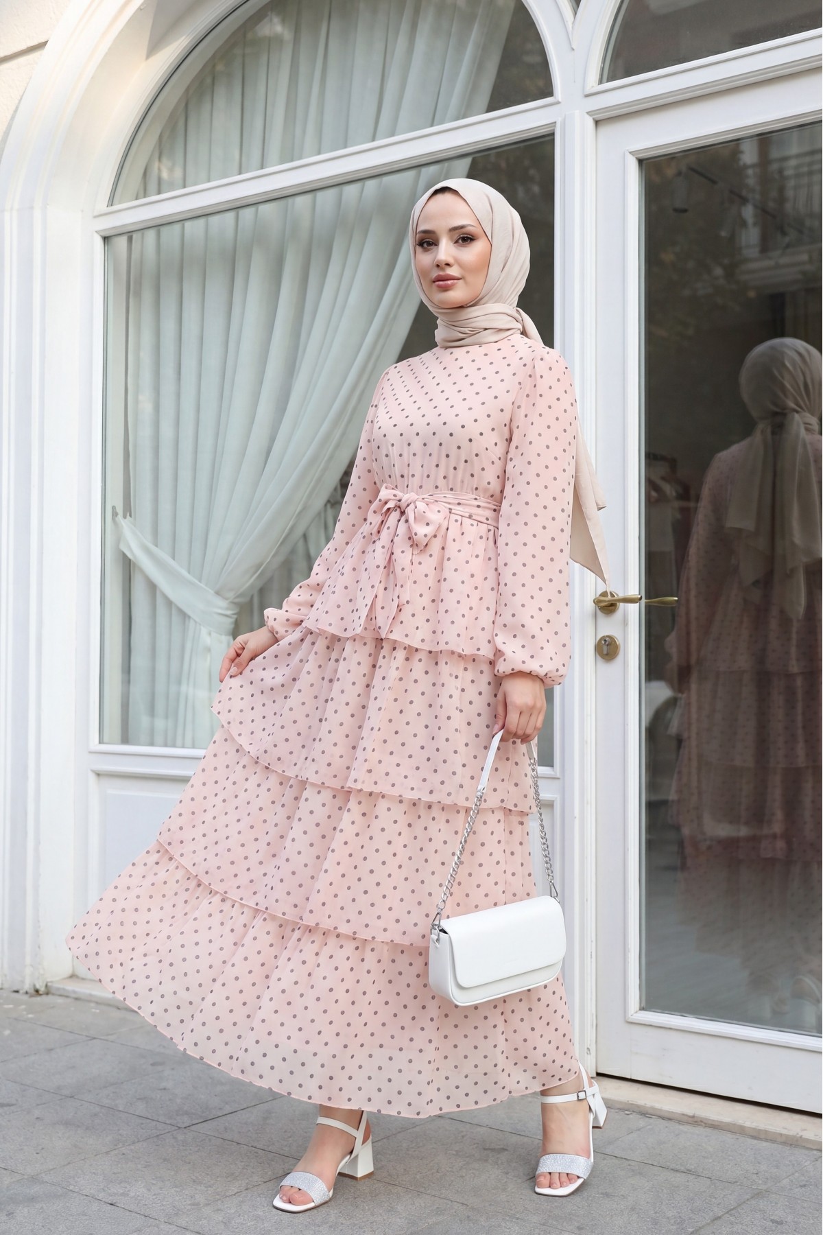 Layered Polka Dot Chiffon Dress with Cross -Powder
