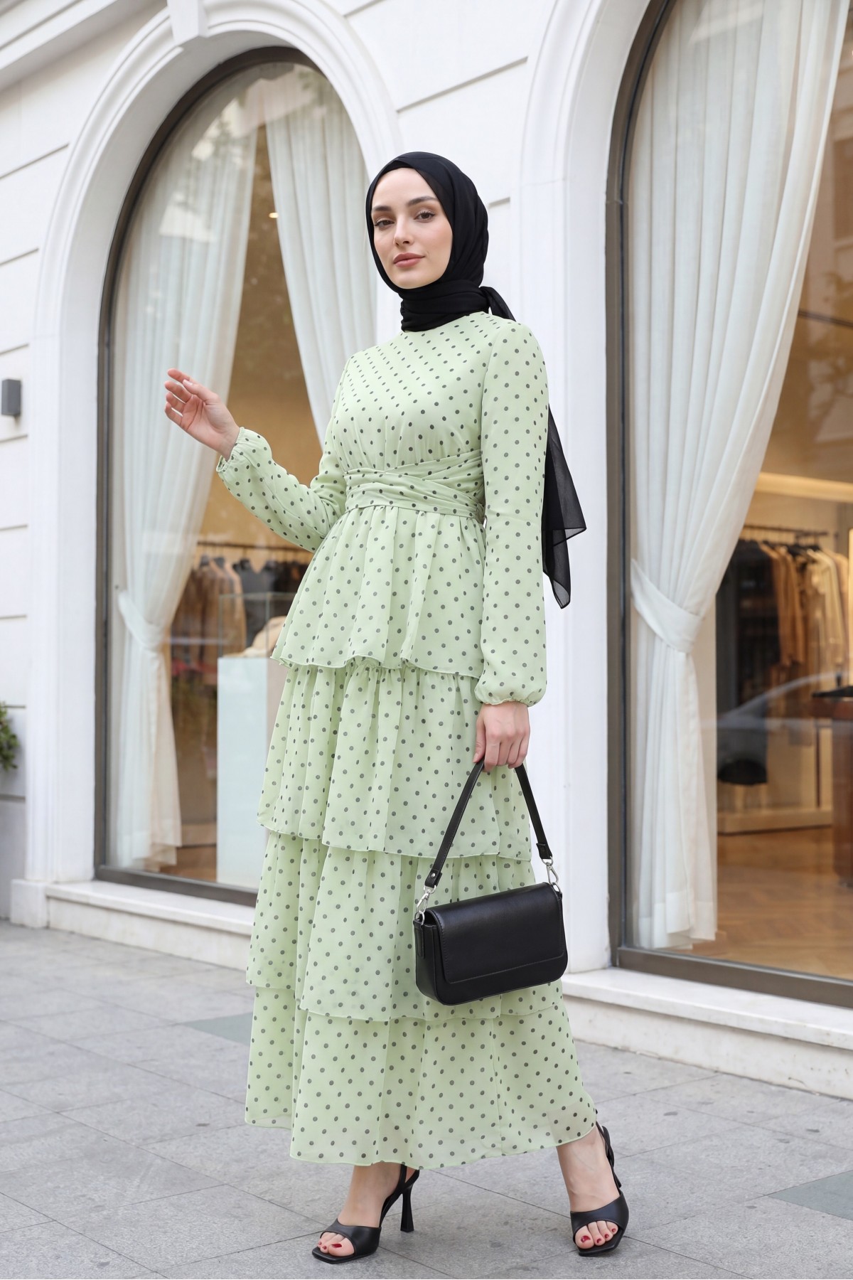 Layered Polka Dot Chiffon Dress with Cross -Sea green