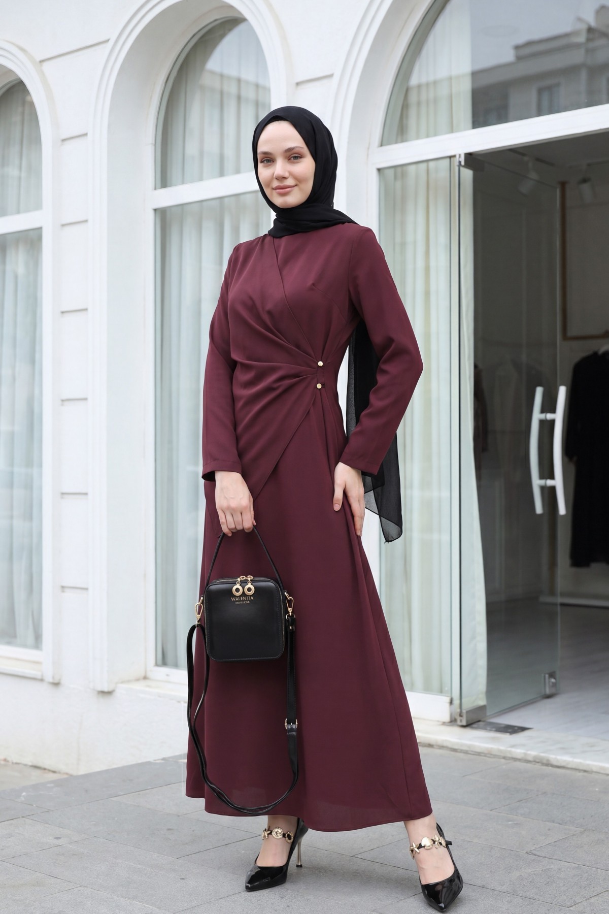 Cross Buckle Round Neck Imported Crepe Dress  -Damson