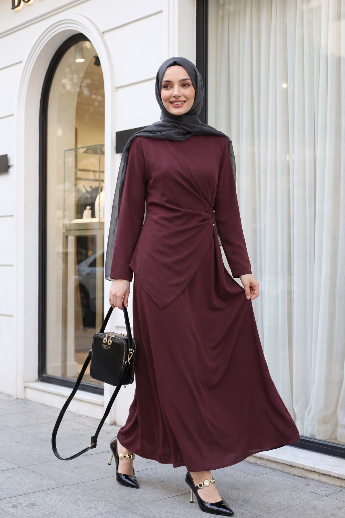 Cross Buckle Round Neck Imported Crepe Dress  -Damson