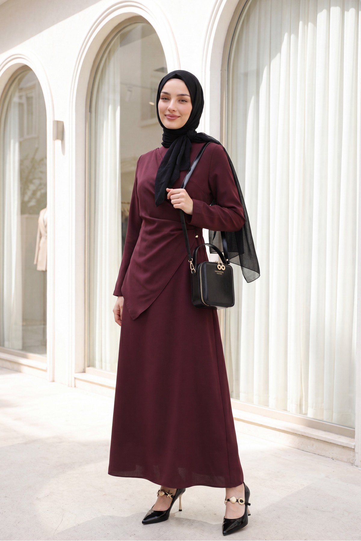 Cross Buckle Round Neck Imported Crepe Dress  -Damson
