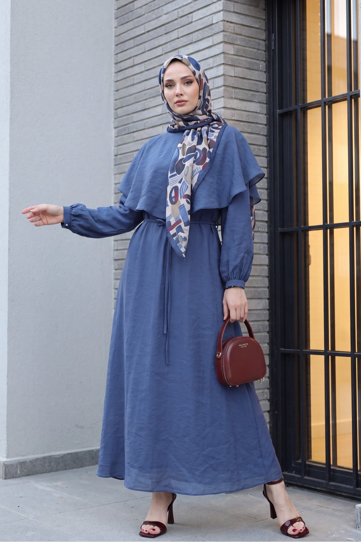 Lined Tulle Modal Dress with Cape Detail Neckline and Belt -İndigo