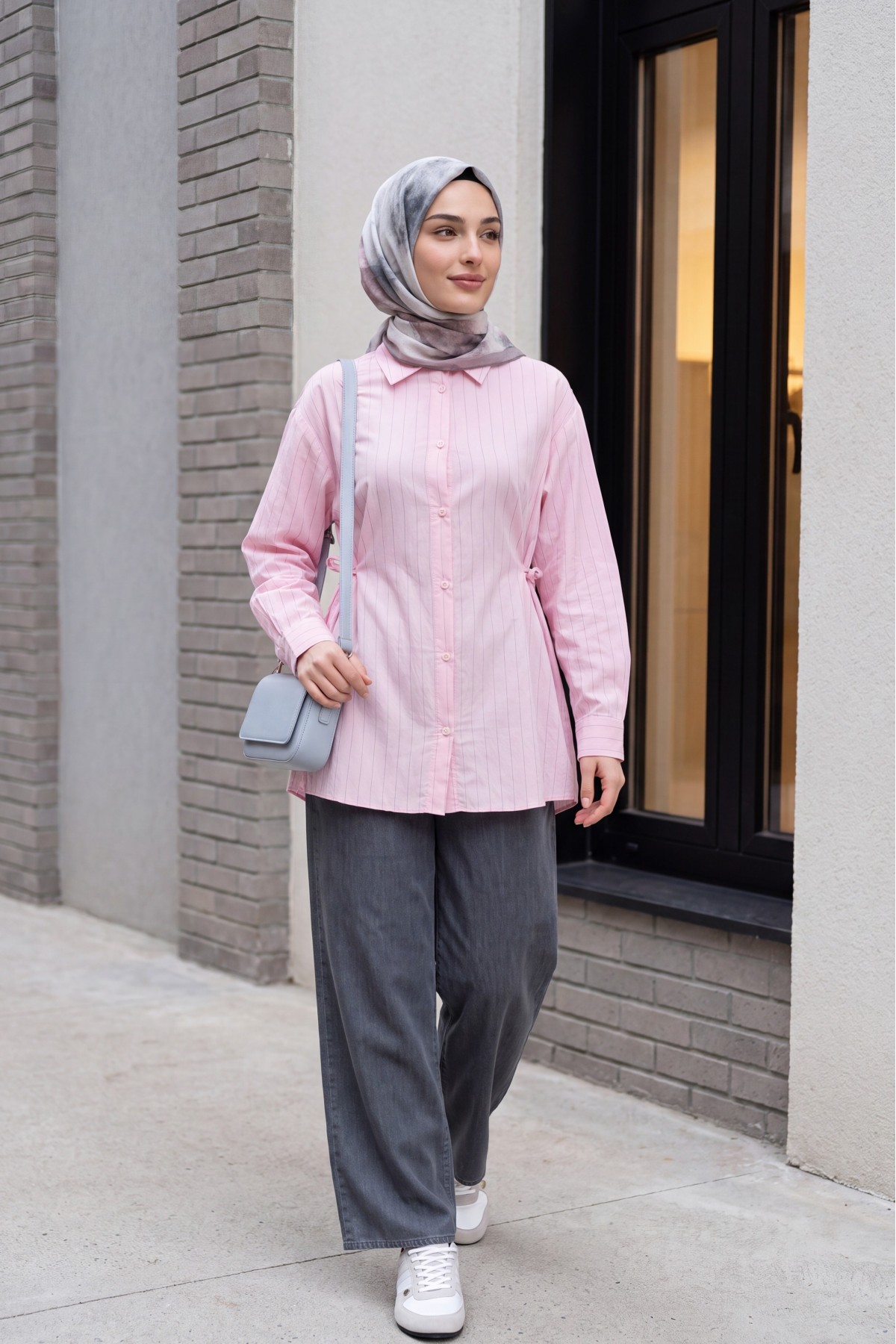 Modal Tunic with Side Laces and Striped Buttons -Pink