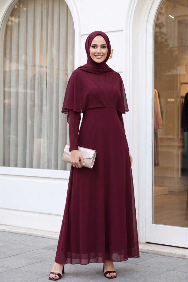 Simli Şifon Uzun Abiye  -Bordo