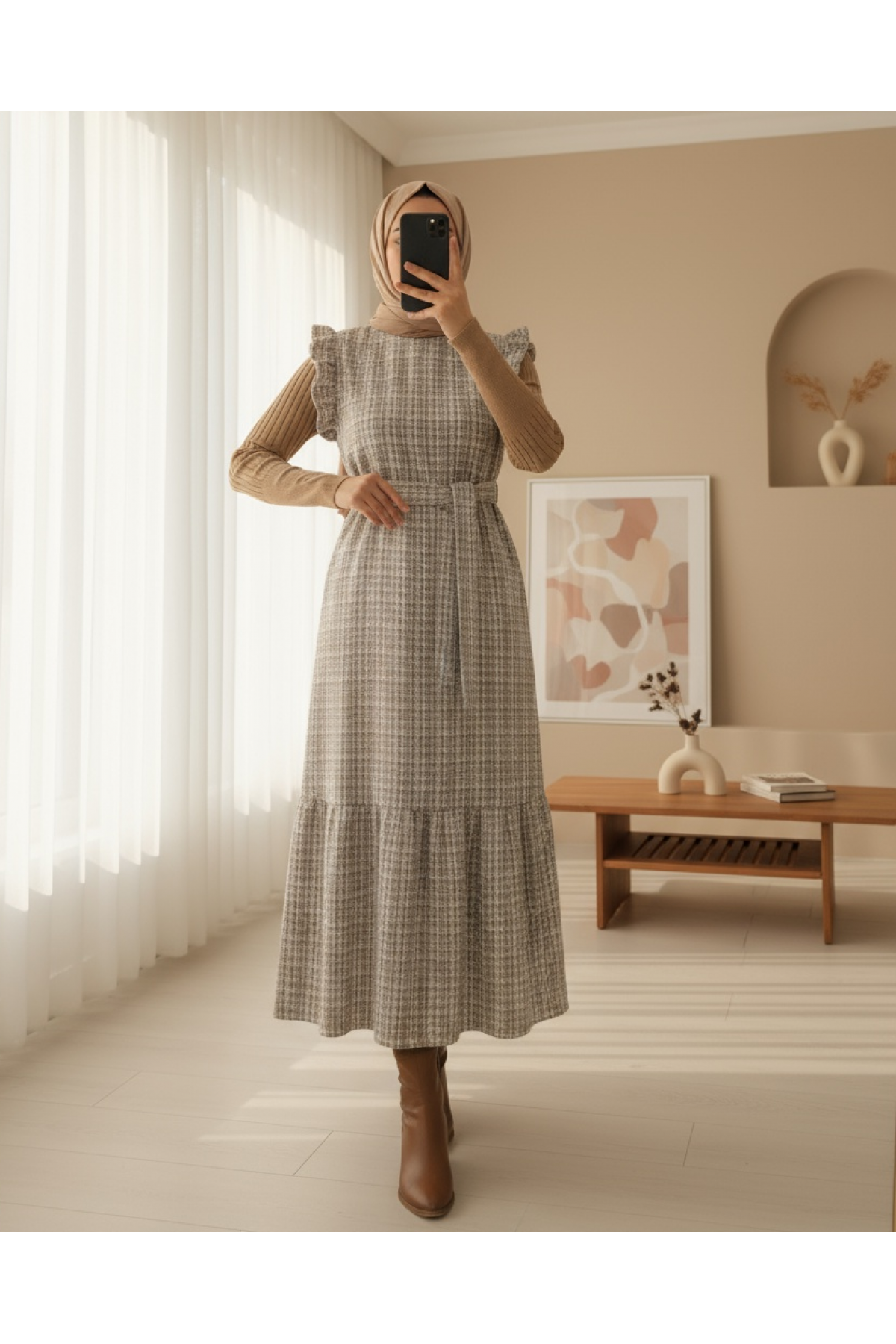 Kolları Fırfırlı Kemerli Tuvit Jile  -Mink color