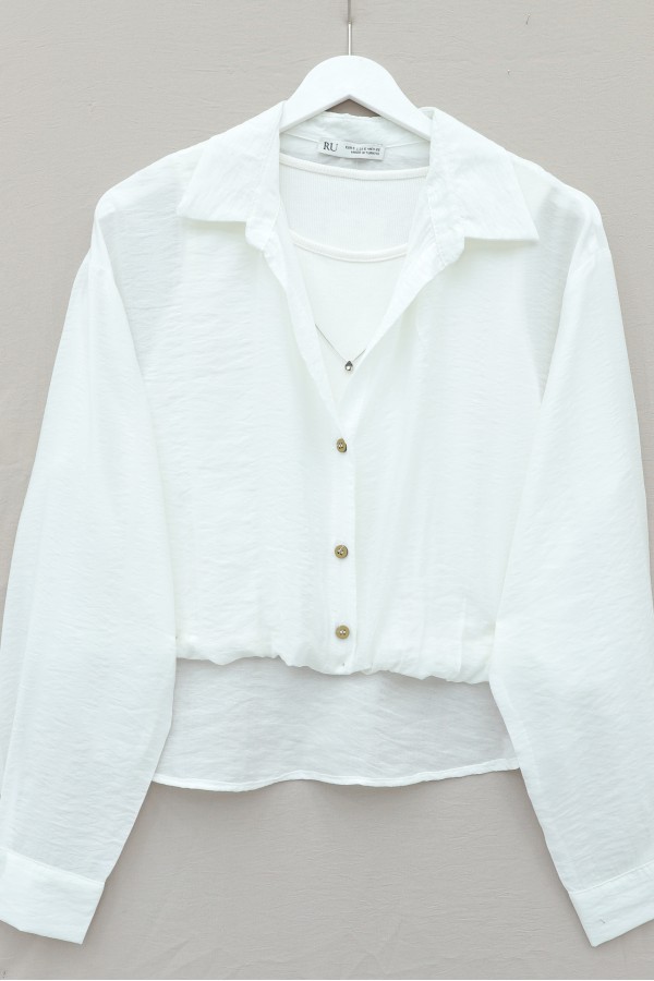 Crop Bodysuit with Necklace, Long Back Shirt -Ecru