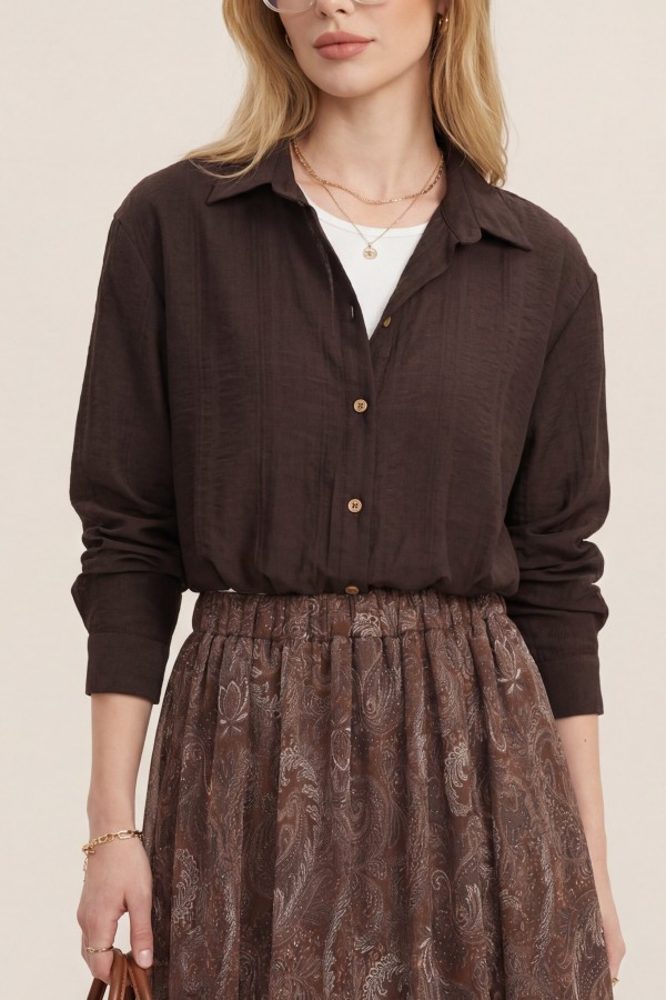 Crop Bodysuit with Necklace, Long Back Shirt -Dark Coffee