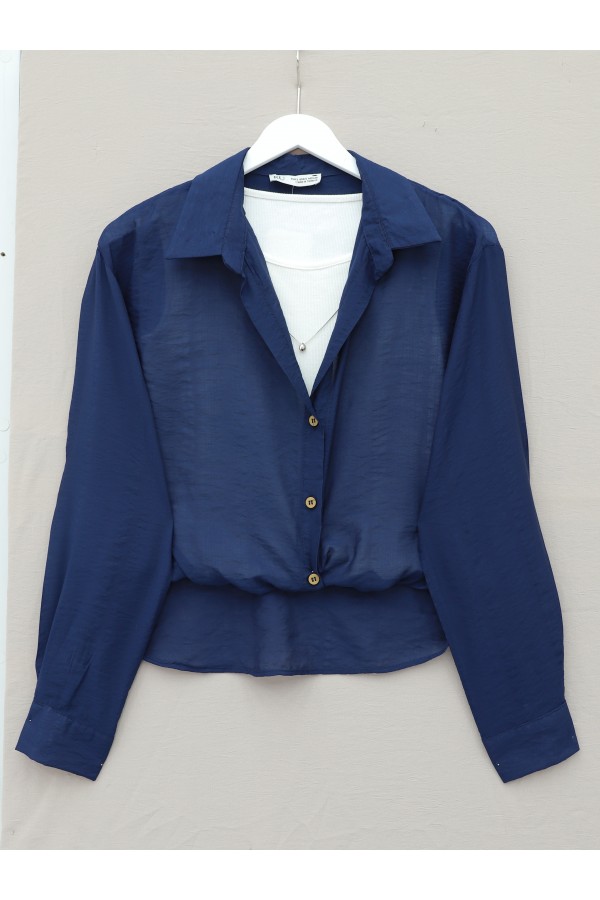 Crop Bodysuit with Necklace, Long Back Shirt -Navy blue