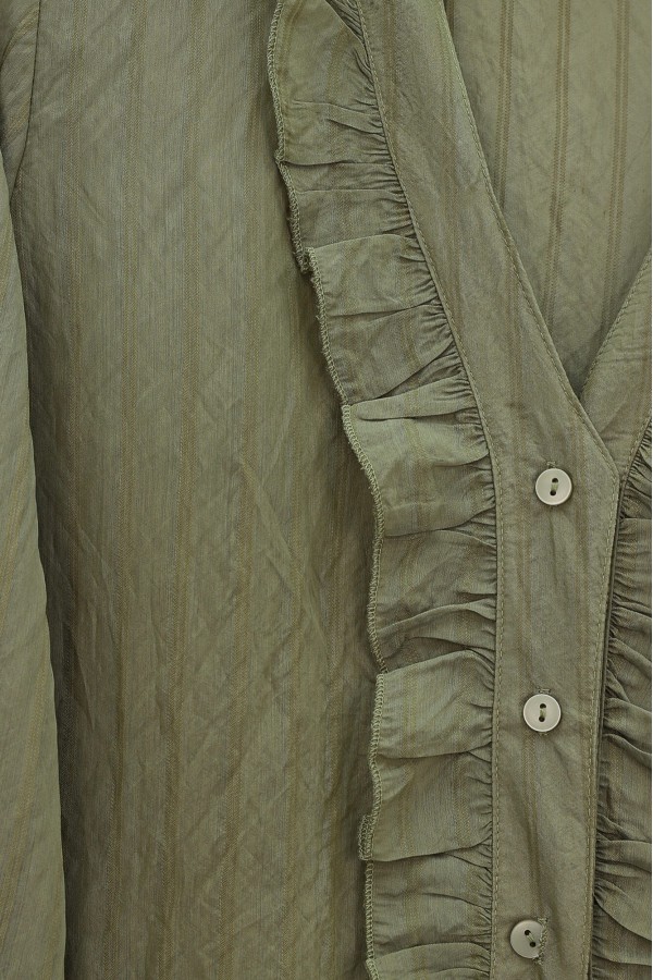 V-Neck Front Ruffled Tencel Semi-Sheer Bouquet Shirt -Khaki