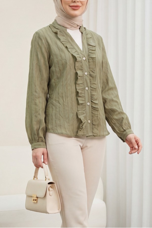 V-Neck Front Ruffled Tencel Semi-Sheer Bouquet Shirt -Khaki