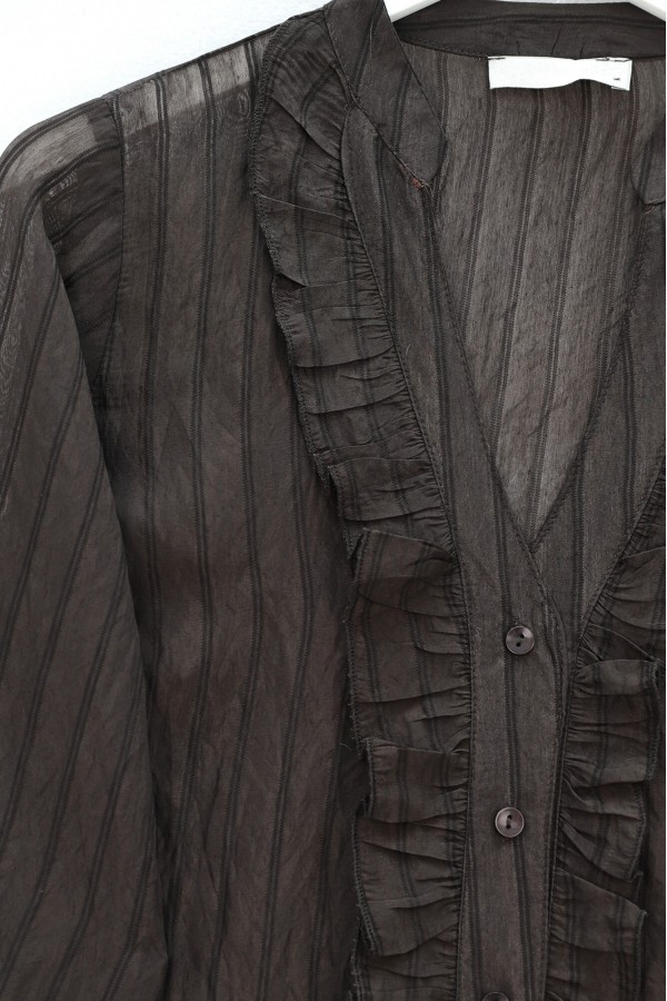 V-Neck Front Ruffled Tencel Semi-Sheer Bouquet Shirt -Dark Coffee
