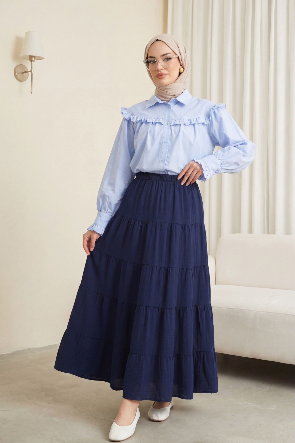 Elastic Waistband Patchwork Muslin Skirt -Navy blue
