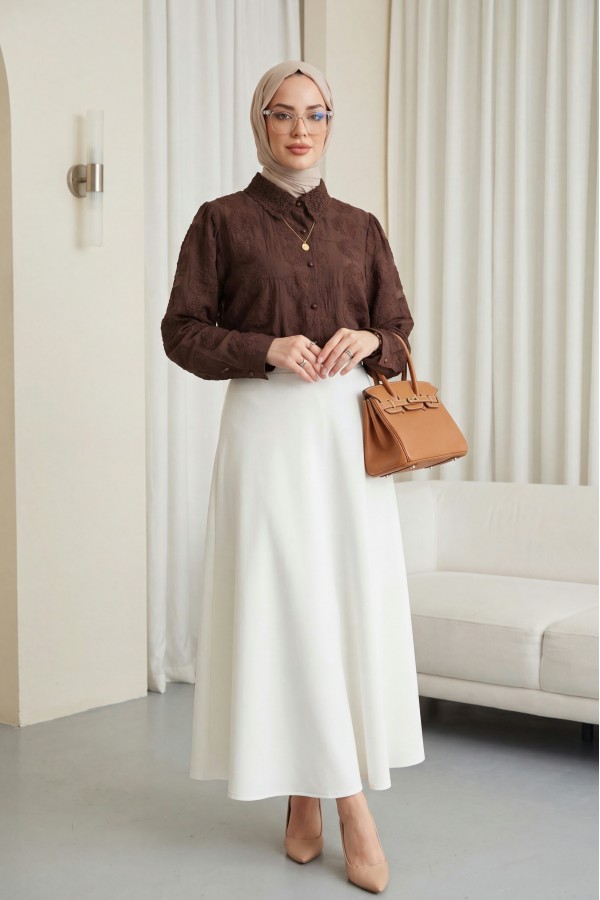 Button-down, lace-trimmed, patterned Jacquard Shirt -Brown