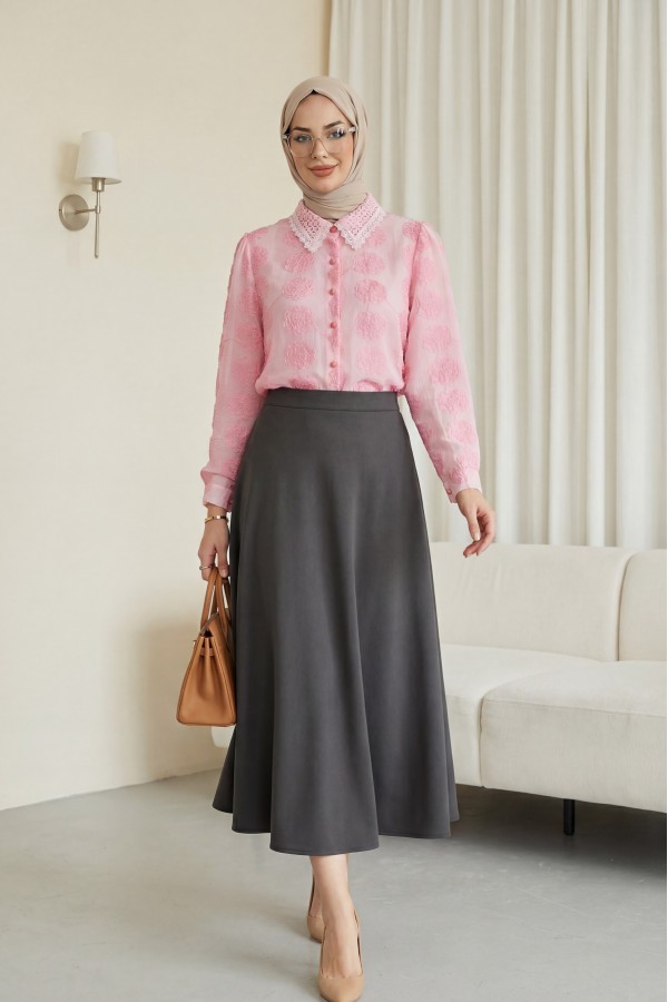 Button-down, lace-trimmed, patterned Jacquard Shirt -Pink