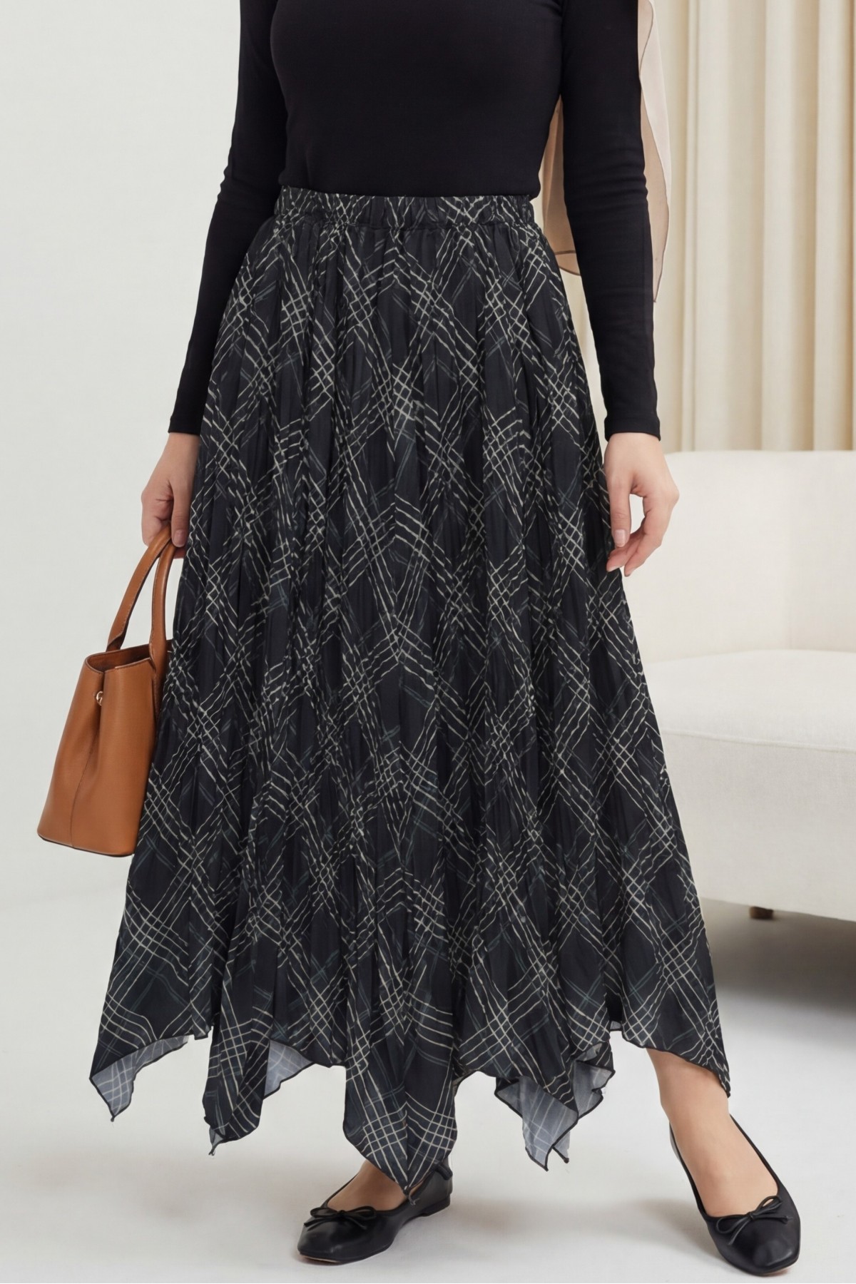 Elasticated Waist Patterned Asymmetrical Cut Crash Skirt -Anthracite