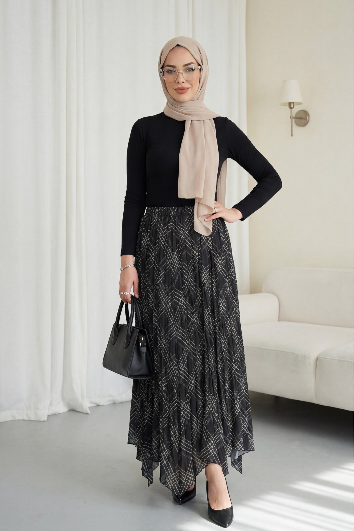 Elasticated Waist Patterned Asymmetrical Cut Crash Skirt -Anthracite