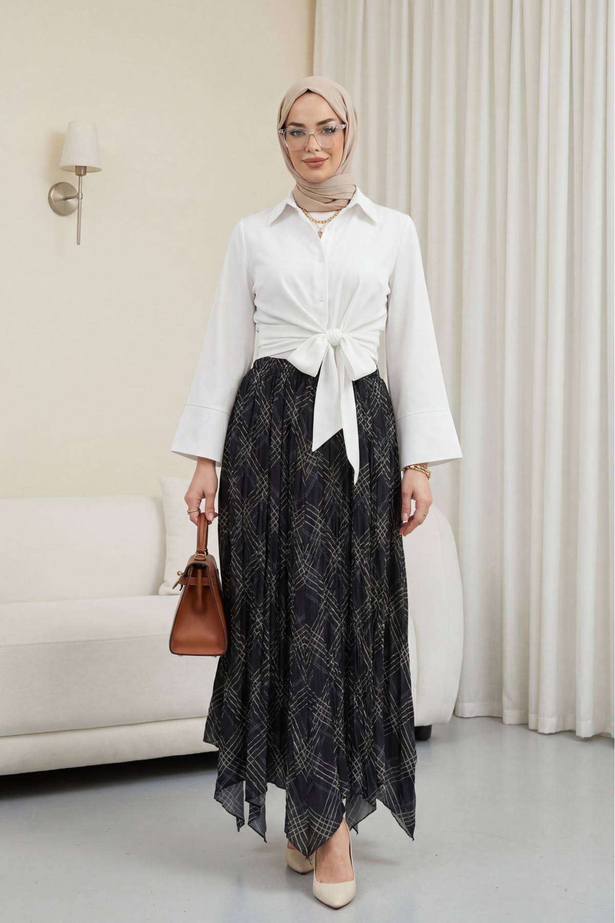 Elasticated Waist Patterned Asymmetrical Cut Crash Skirt -Anthracite