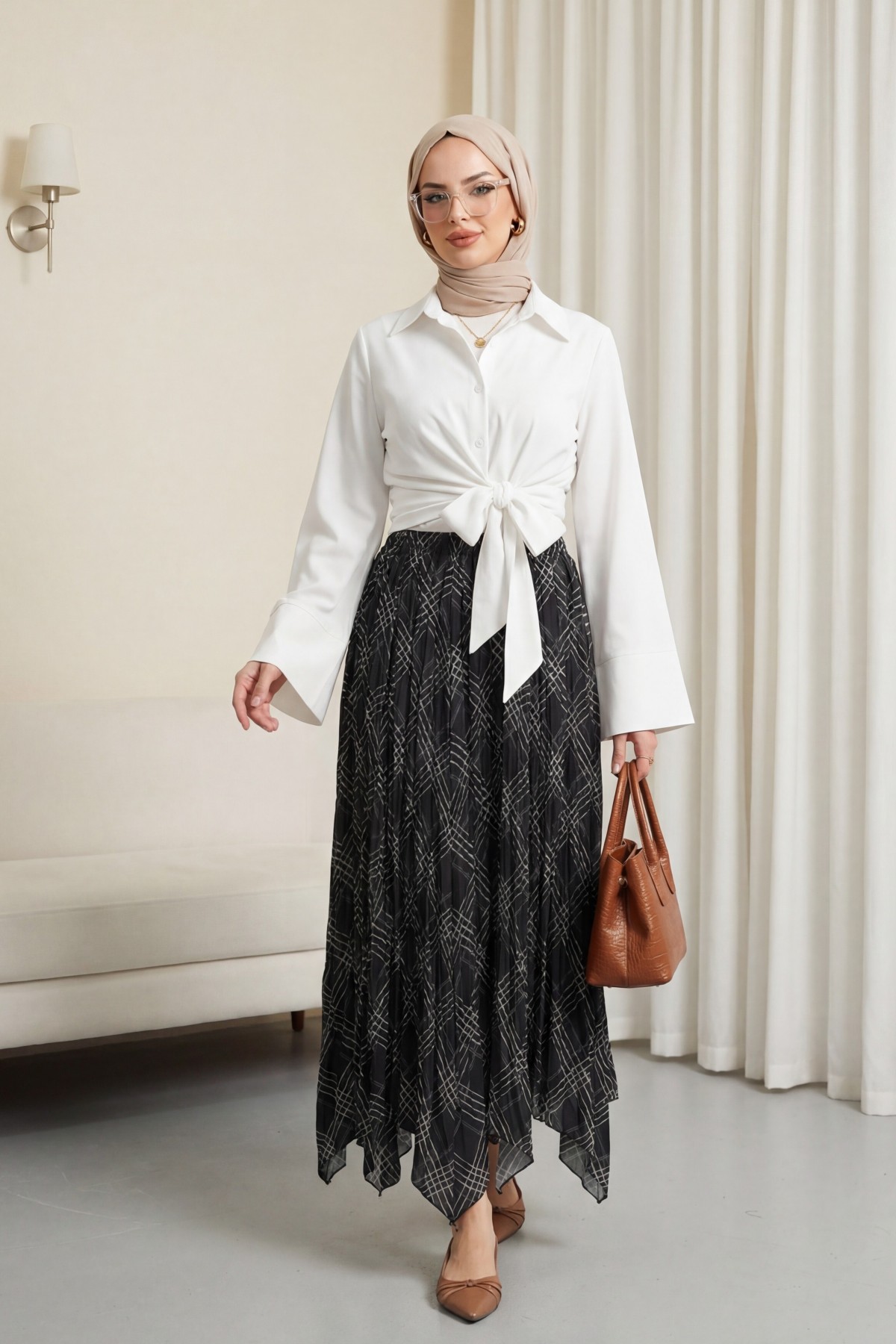 Elasticated Waist Patterned Asymmetrical Cut Crash Skirt -Anthracite detay görseli