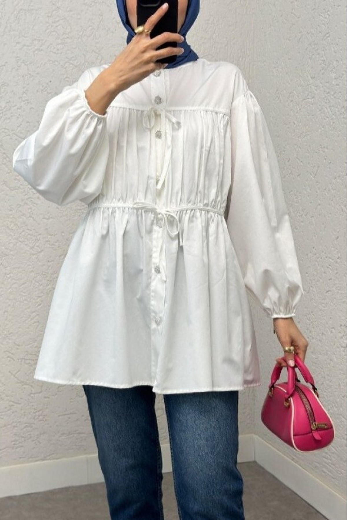 Button-Down Shirt Tunic with Front Lace Detail -Ecru