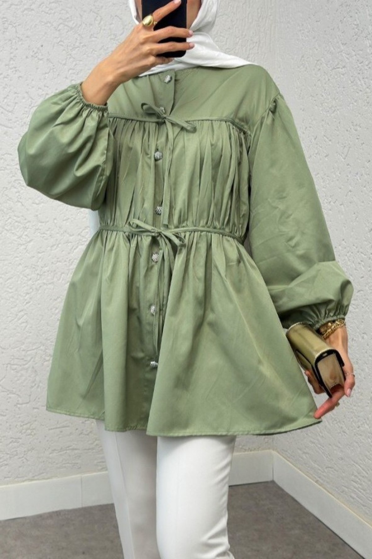 Button-Down Shirt Tunic with Front Lace Detail -Mint Color