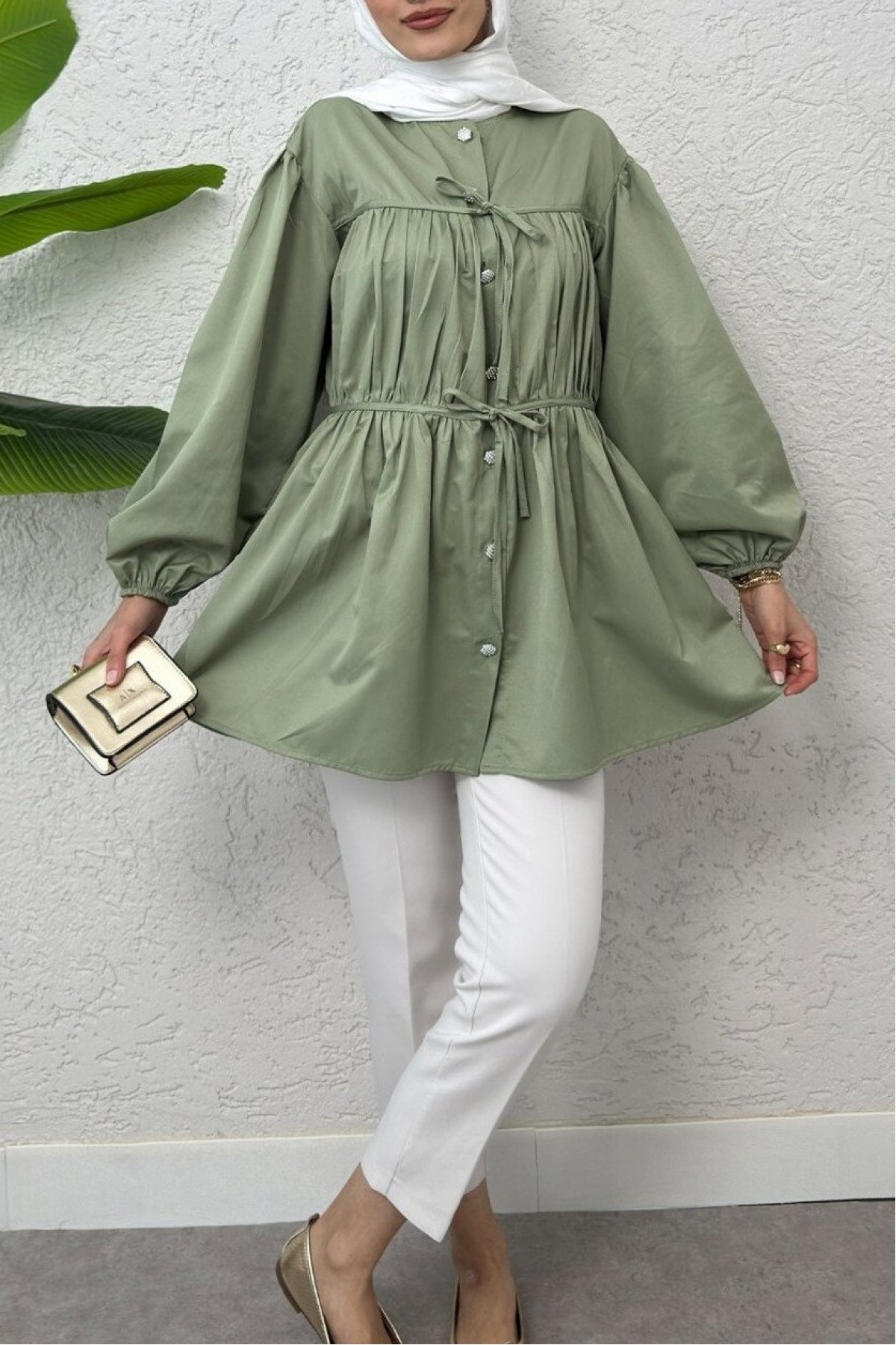 Button-Down Shirt Tunic with Front Lace Detail -Mint Color