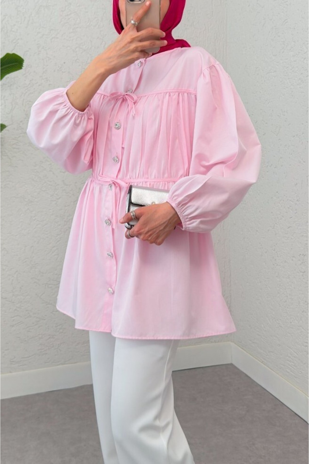 Button-Down Shirt Tunic with Front Lace Detail -Powder