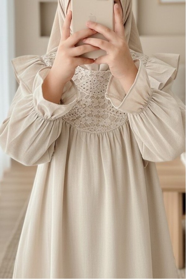 Linen Tunic with Ruffled Shoulders and Lace Embellishment    -Stone