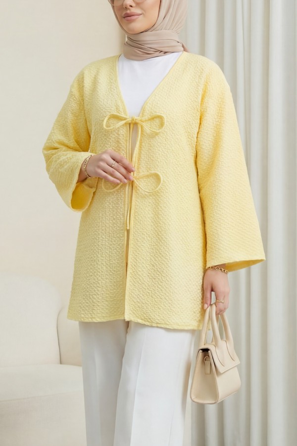 Önü Çift Bağcıklı Petek Desen Kimono -Açık Sarı