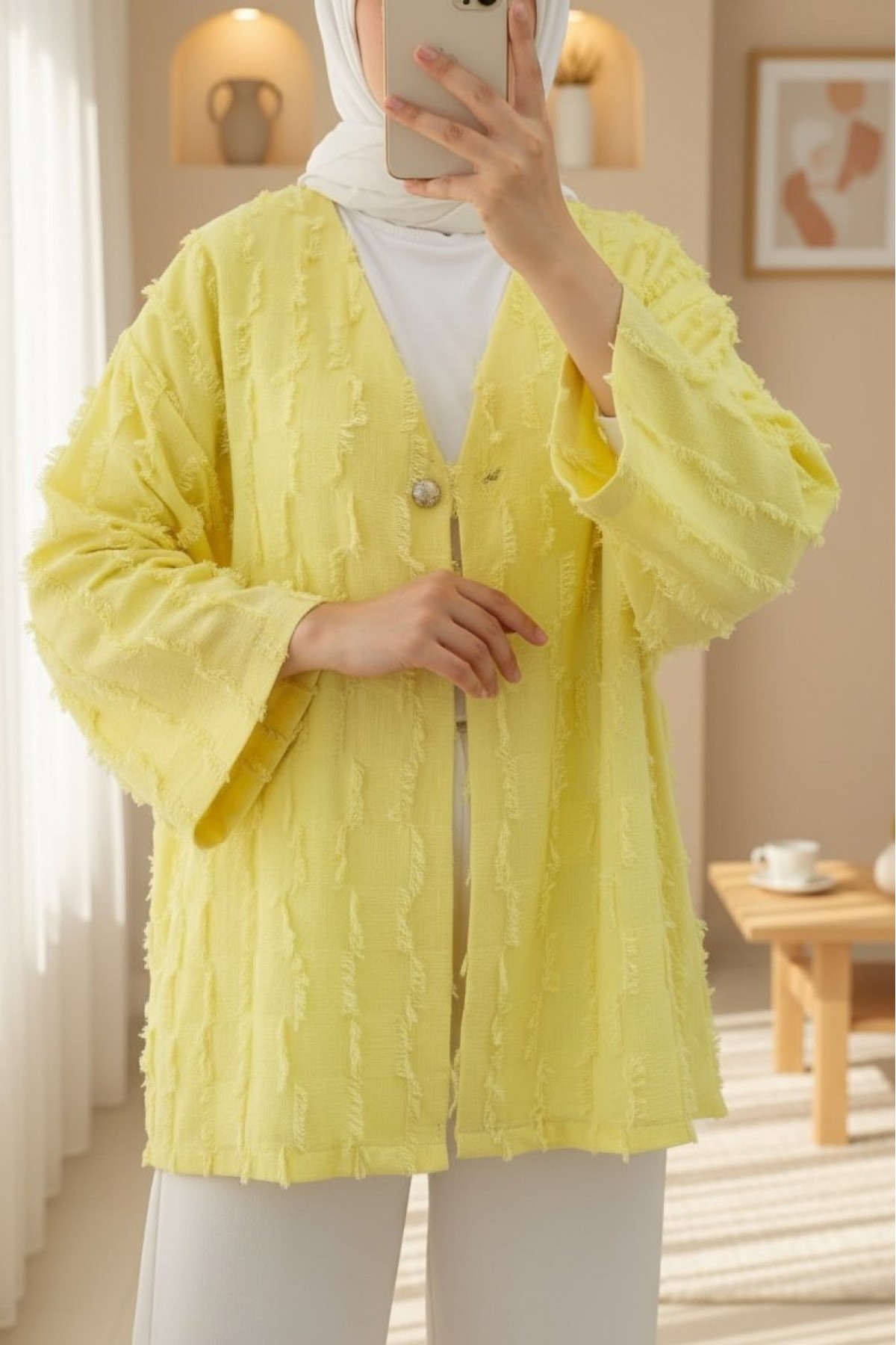Saçaklı Tek Düğmeli Kare Desenli Kimono -Sarı