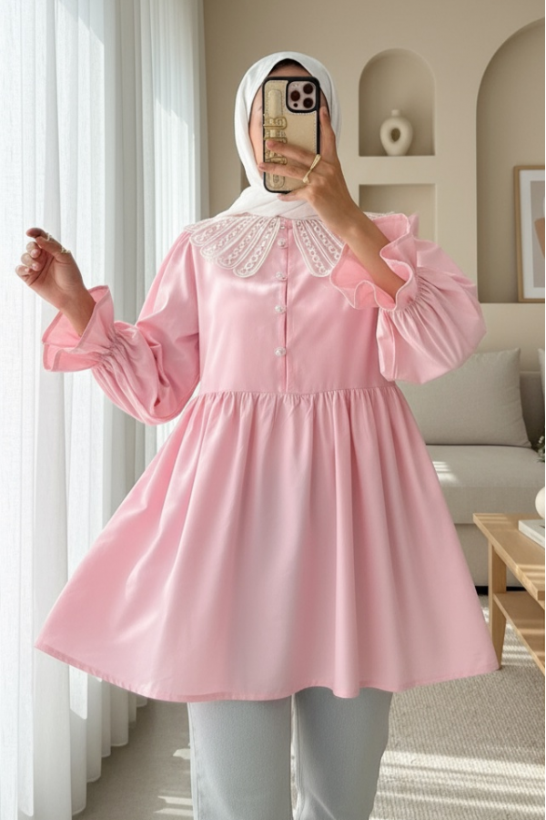 Kolu Lastikli Organze Bebe Yaka Yarım Düğmeli Tunik -Pembe