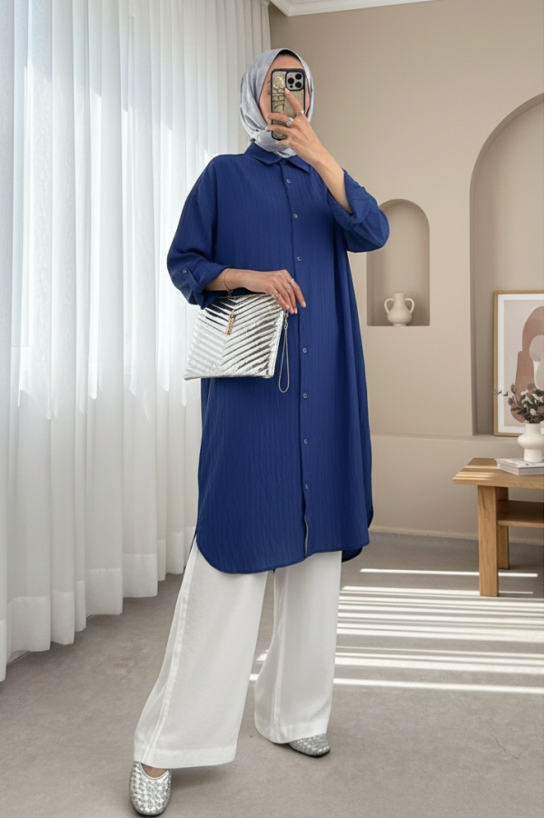 Oval Kesim Karaş Uzun Salaş Tunik -İndigo