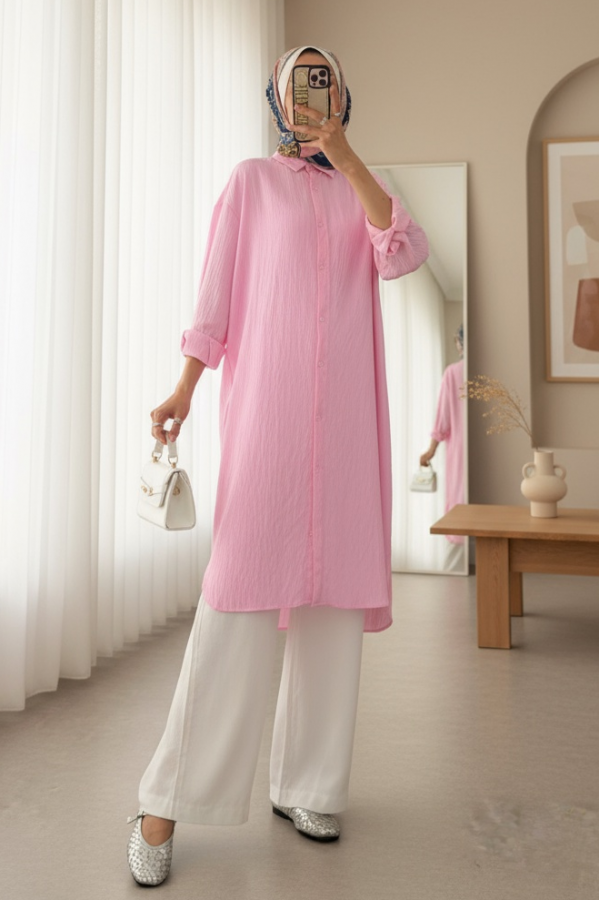 Oval Kesim Karaş Uzun Salaş Tunik -Pembe