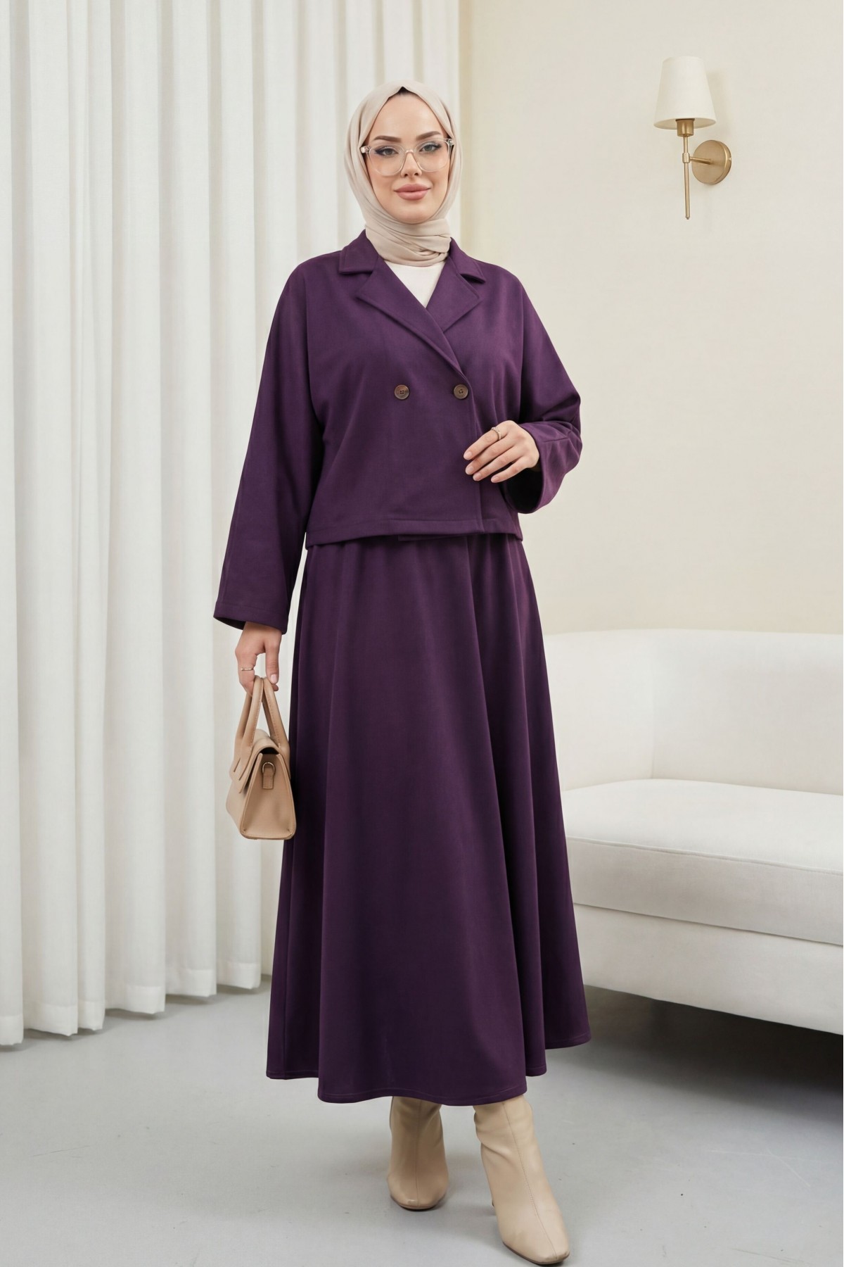 Single-Buttoned Felt Suit with Skirt - Purple