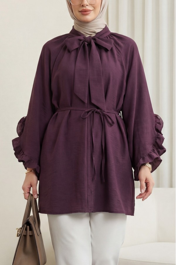 Modal Tunic with Lace-Up Neckline, Zipper, Ruffled Sleeves and Belt -Damson