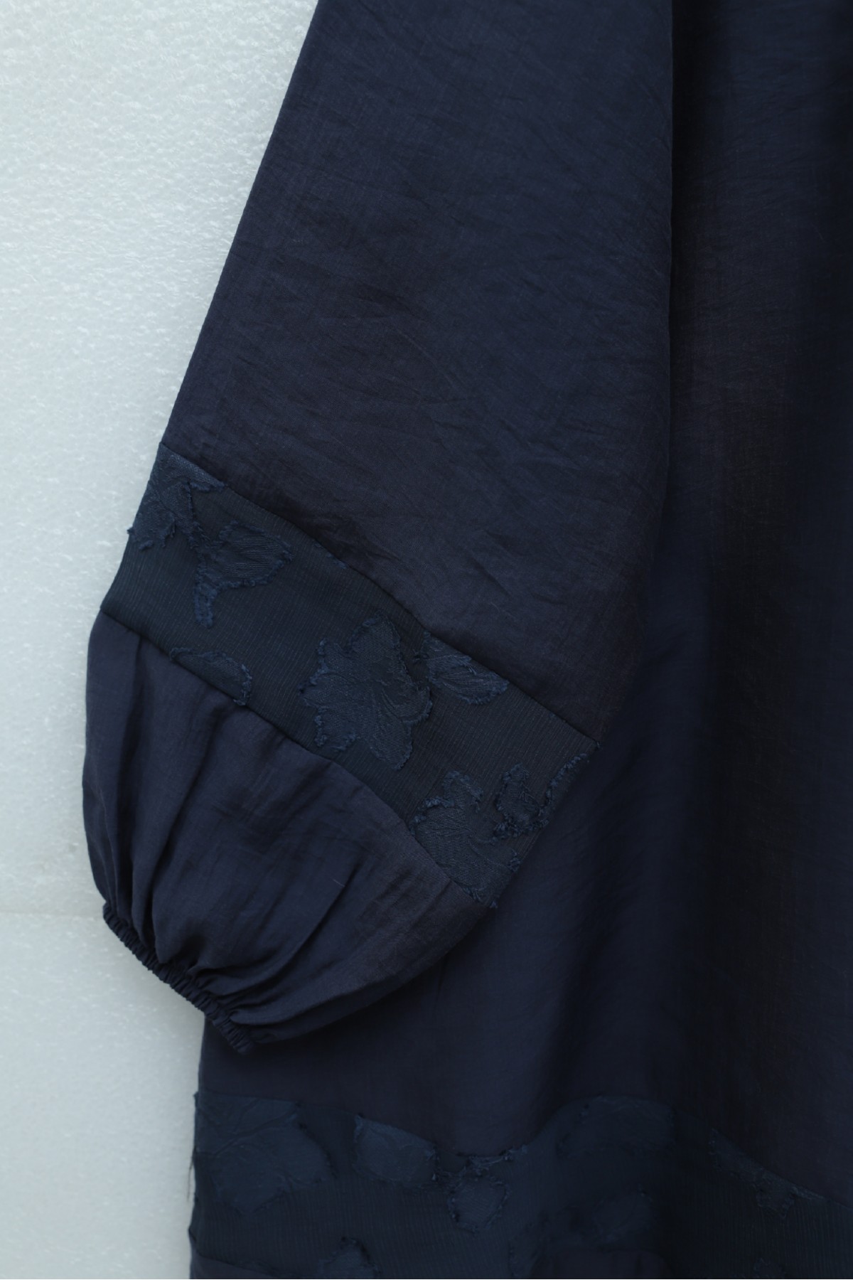 Modal Tunic with Tie Neckline and Elasticated Sleeves -Navy blue