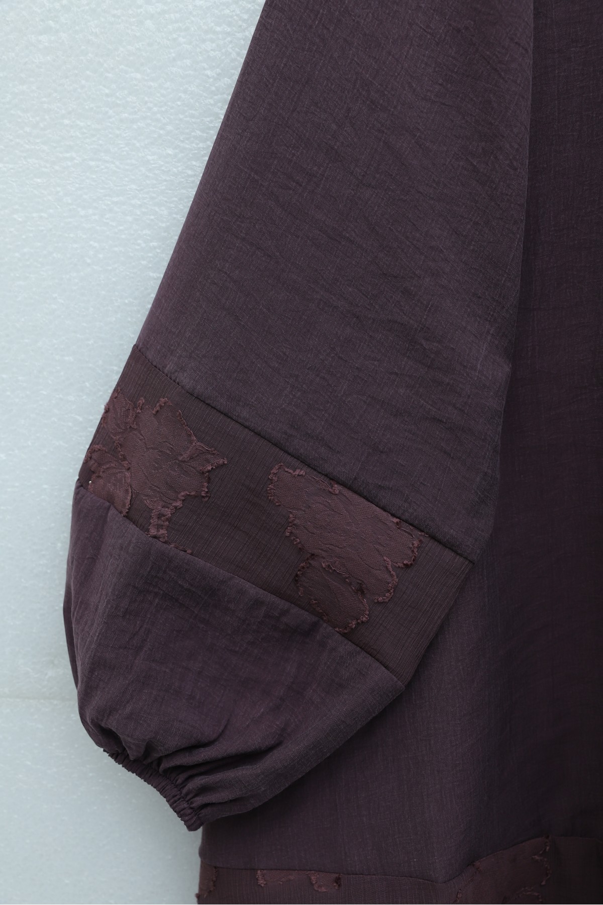 Modal Tunic with Tie Neckline and Elasticated Sleeves -Damson