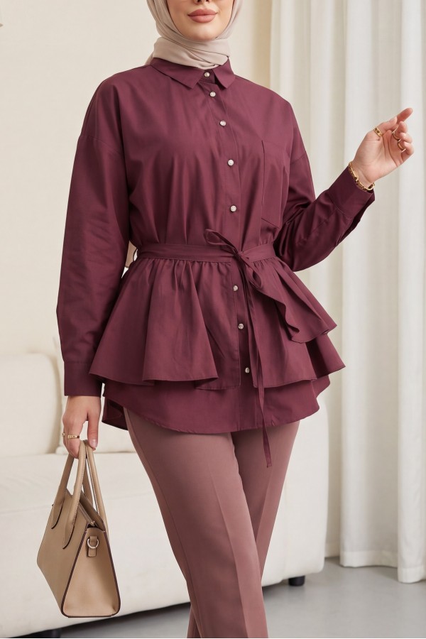 Pelerin Detaylı Düğmeli Oval Kesim Poplin Tunik -Mürdüm