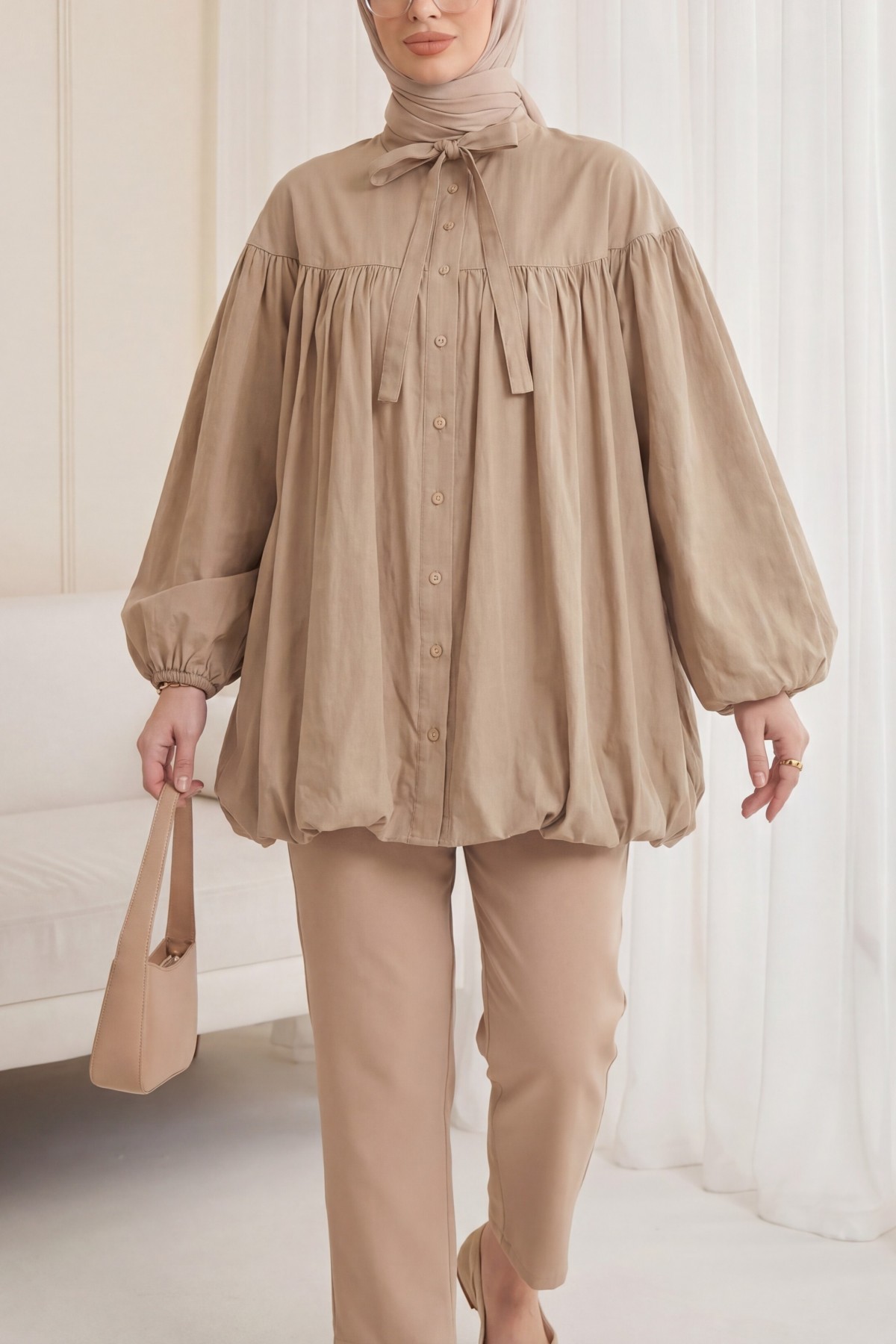 Cupra Tunic with Lace-Up Neckline, Button-Down Front, and Balloon Sleeves -Mink color