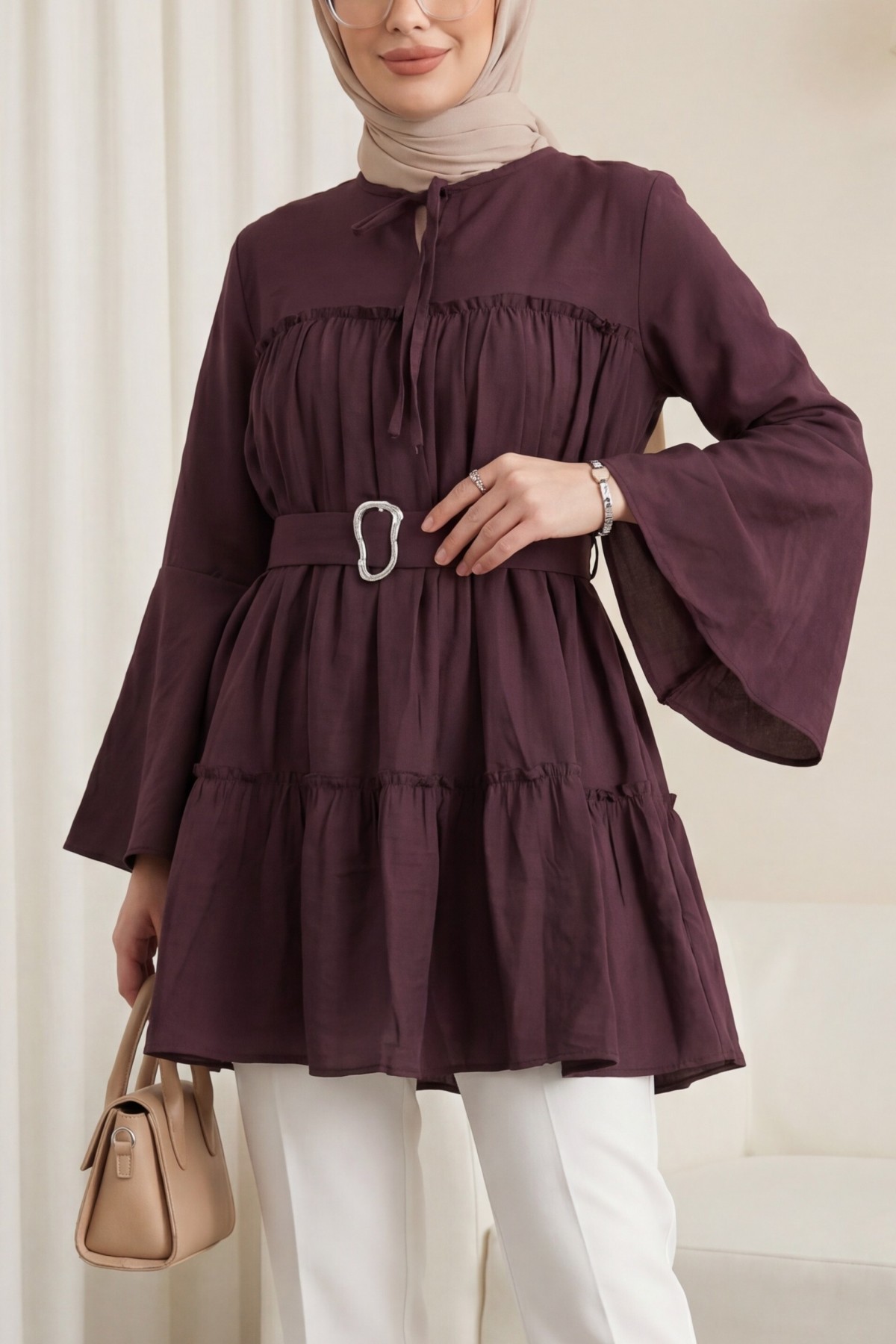 Cupra Tunic with Lace-Up Collar, Buckle, and Belt, Spanish Sleeves -Damson