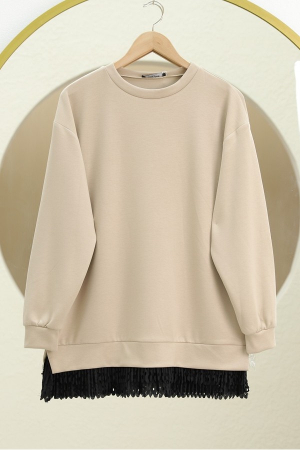 Crew Neck Tunic with Scalloped Hem - Beige
