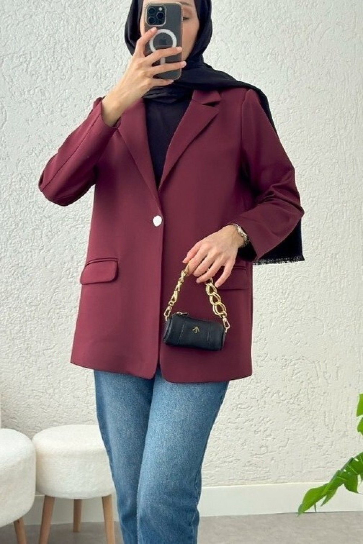 Cepli Tek Düğmeli Likralı Ceket -Bordo