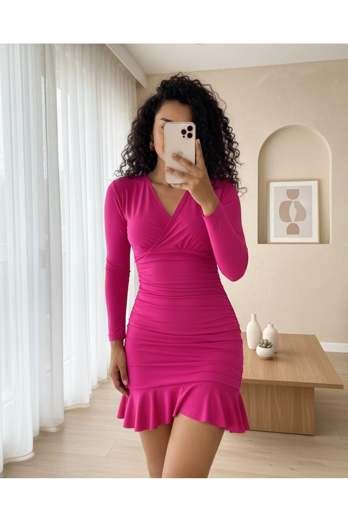 Sandy Mini Dress with Elastic Sides and Flounce Skirt -Fuchsia
