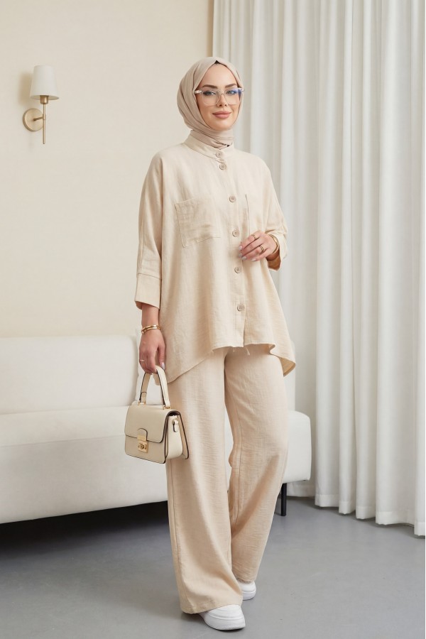 Double Pocket Half Bat Sleeve Loose Shirt Set - Beige